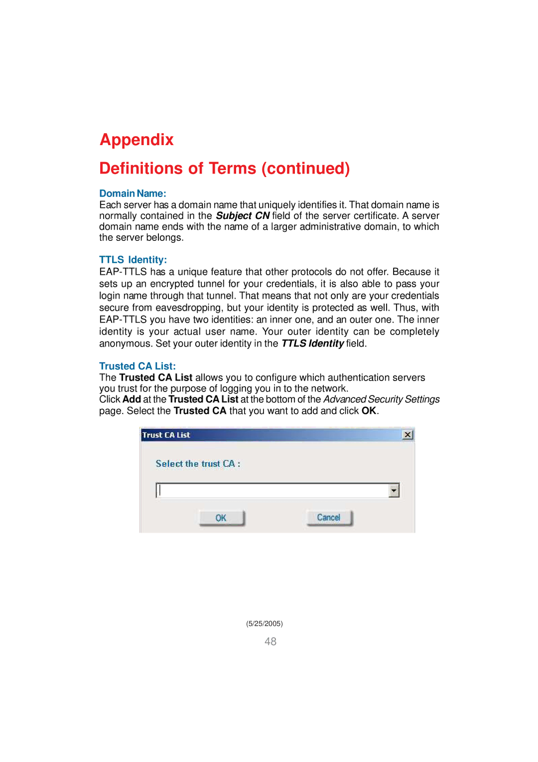 D-Link DWL-AG530 manual Appendix Definitions of Terms, Domain Name, Ttls Identity, Trusted CA List 