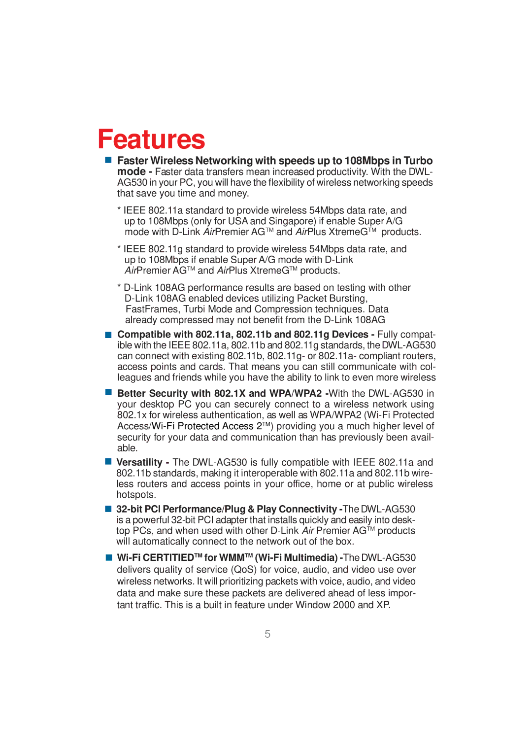 D-Link DWL-AG530 manual Features 