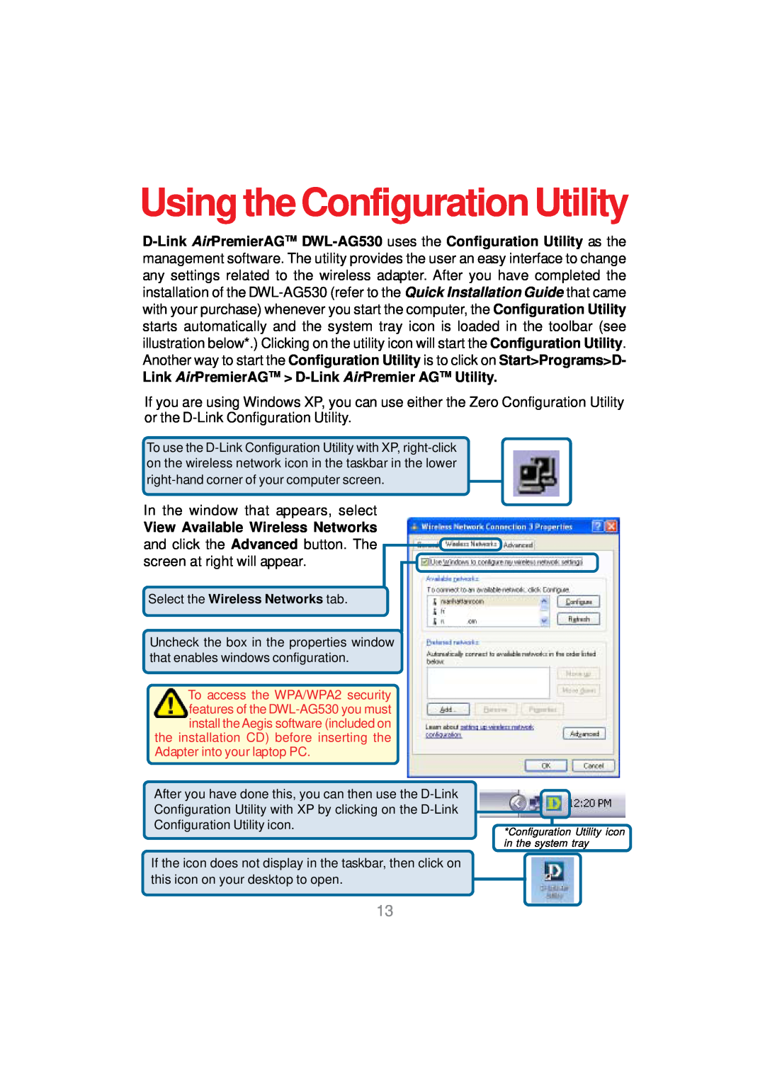 D-Link DWL-AG530 manual UsingtheConfigurationUtility, Link AirPremierAGTM D-Link AirPremier AGTM Utility 