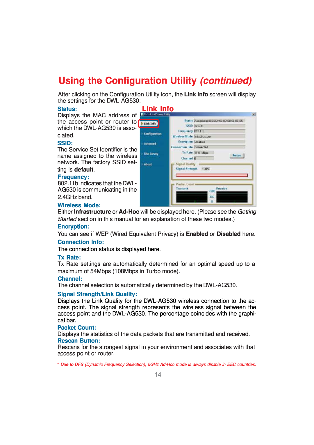 D-Link DWL-AG530 Using the Configuration Utility continued, Link Info, Status, Ssid, Frequency, Wireless Mode, Encryption 