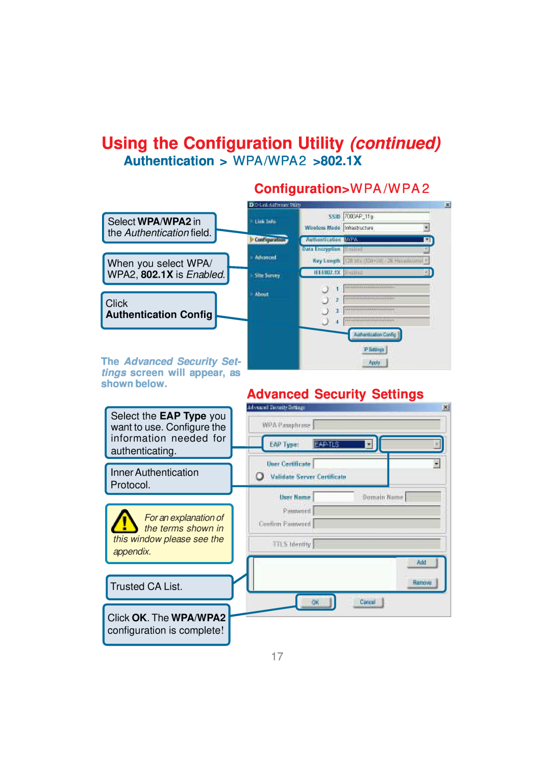 D-Link DWL-AG530 manual Authentication WPA/WPA2, ConfigurationWPA/WPA2 Advanced Security Settings, Authentication Config 