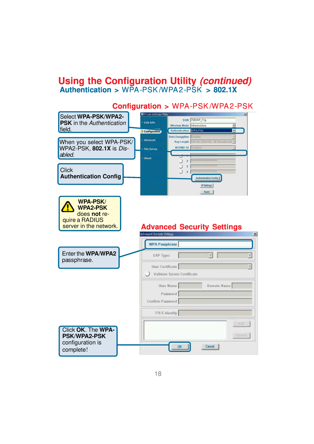 D-Link DWL-AG530 manual Authentication WPA-PSK/WPA2-PSK, Configuration WPA-PSK/WPA2-PSK, Advanced Security Settings 