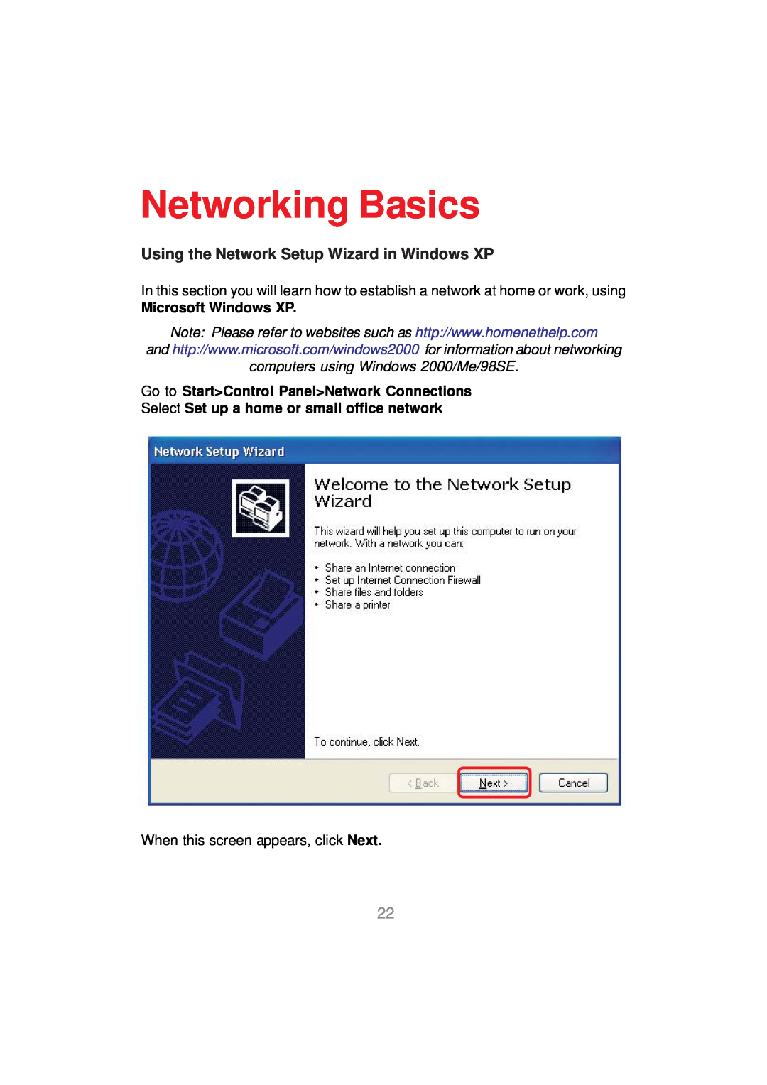 D-Link DWL-AG530 manual Networking Basics, Using the Network Setup Wizard in Windows XP, Microsoft Windows XP 