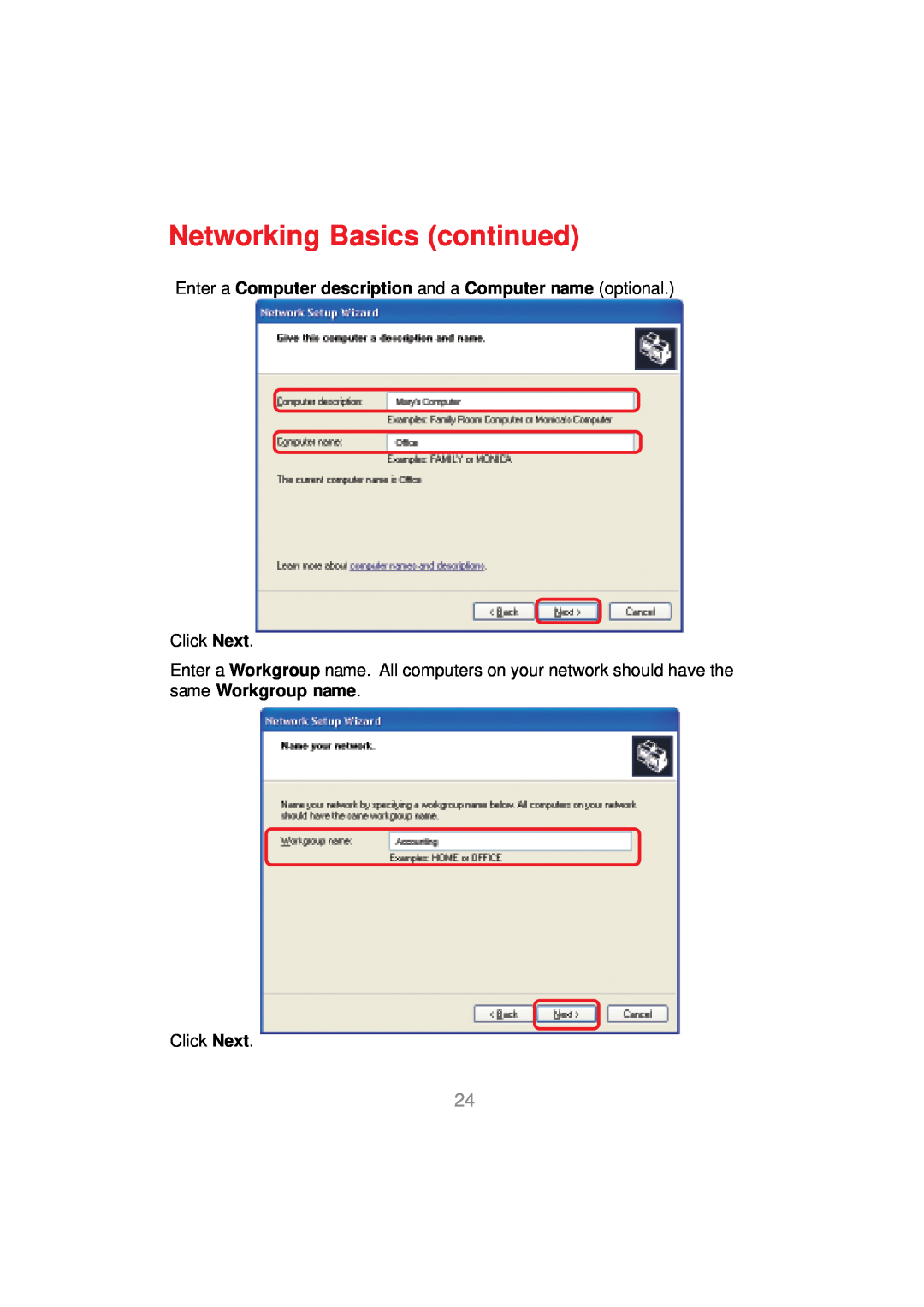D-Link DWL-AG530 manual Networking Basics continued, Enter a Computer description and a Computer name optional 