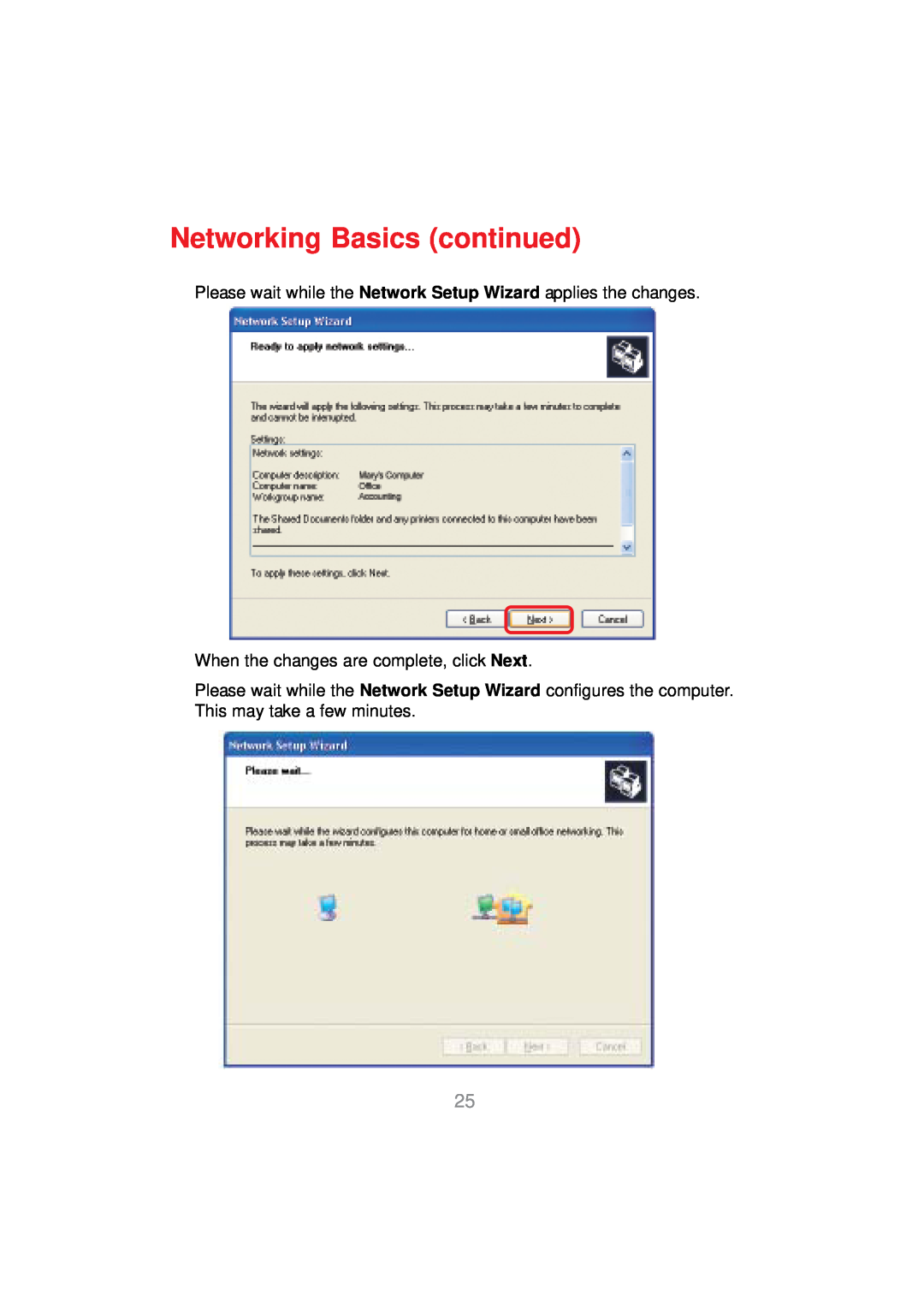 D-Link DWL-AG530 manual Networking Basics continued, Please wait while the Network Setup Wizard applies the changes 
