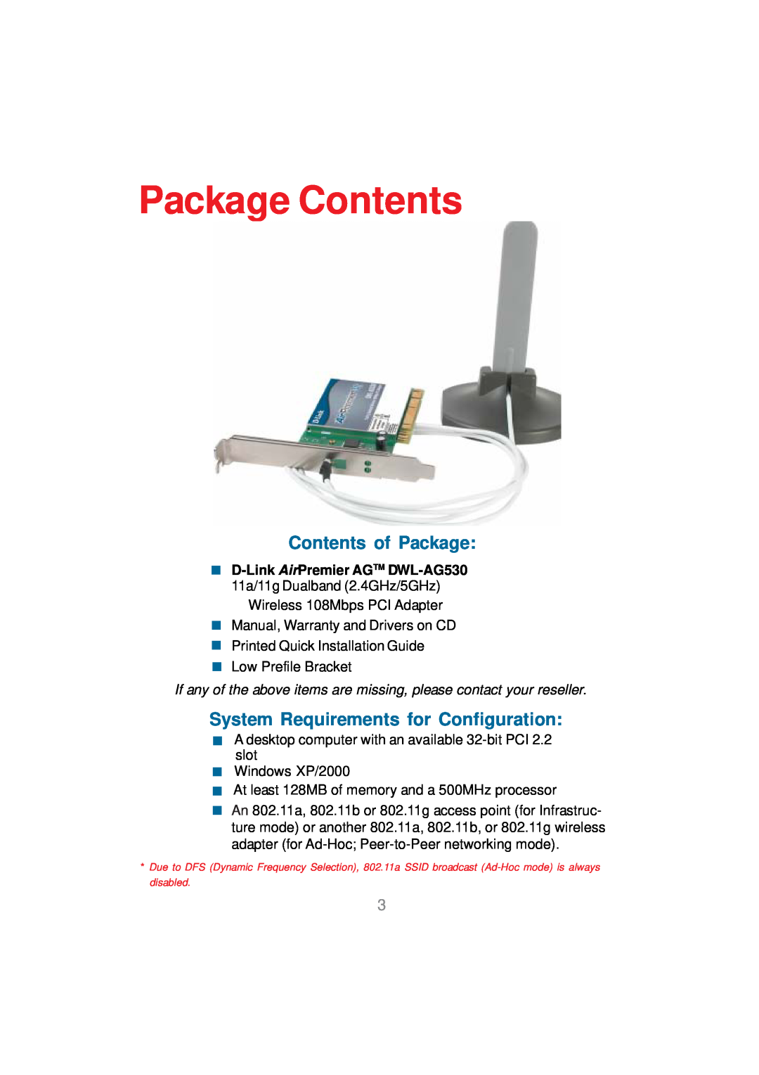 D-Link DWL-AG530 manual Package Contents, Contents of Package, System Requirements for Configuration 