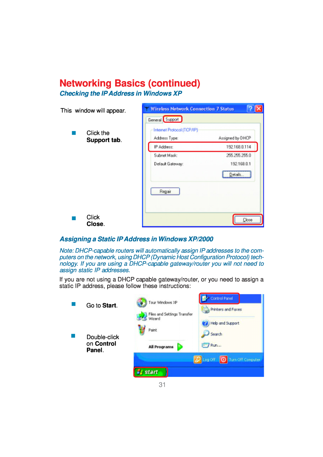 D-Link DWL-AG530 manual Assigning a Static IP Address in Windows XP/2000, Networking Basics continued 