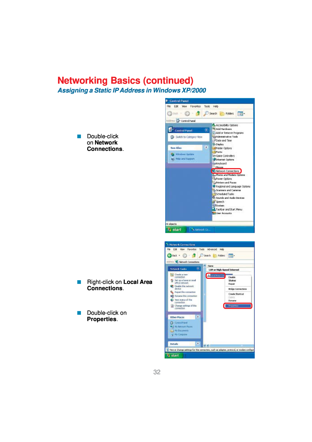 D-Link DWL-AG530 manual Networking Basics continued, Assigning a Static IP Address in Windows XP/2000 