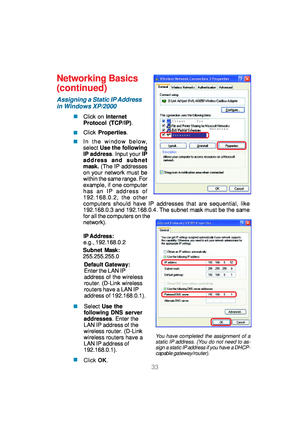 D-Link DWL-AG530 manual Networking Basics continued, Assigning a Static IP Address in Windows XP/2000, „ Click Properties 