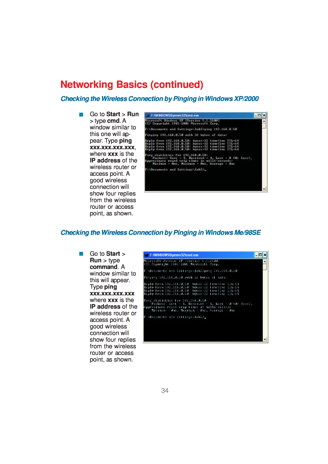 D-Link DWL-AG530 manual Checking the Wireless Connection by Pinging in Windows XP/2000, Networking Basics continued 