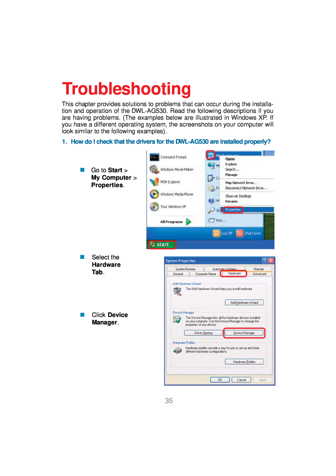 D-Link DWL-AG530 manual Troubleshooting, Hardware Tab „ Click Device Manager 