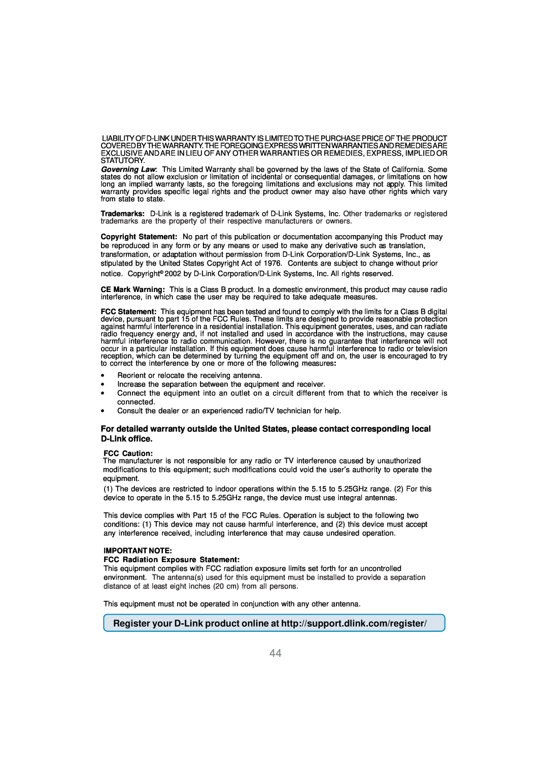 D-Link DWL-AG530 manual FCC Caution, IMPORTANT NOTE FCC Radiation Exposure Statement 