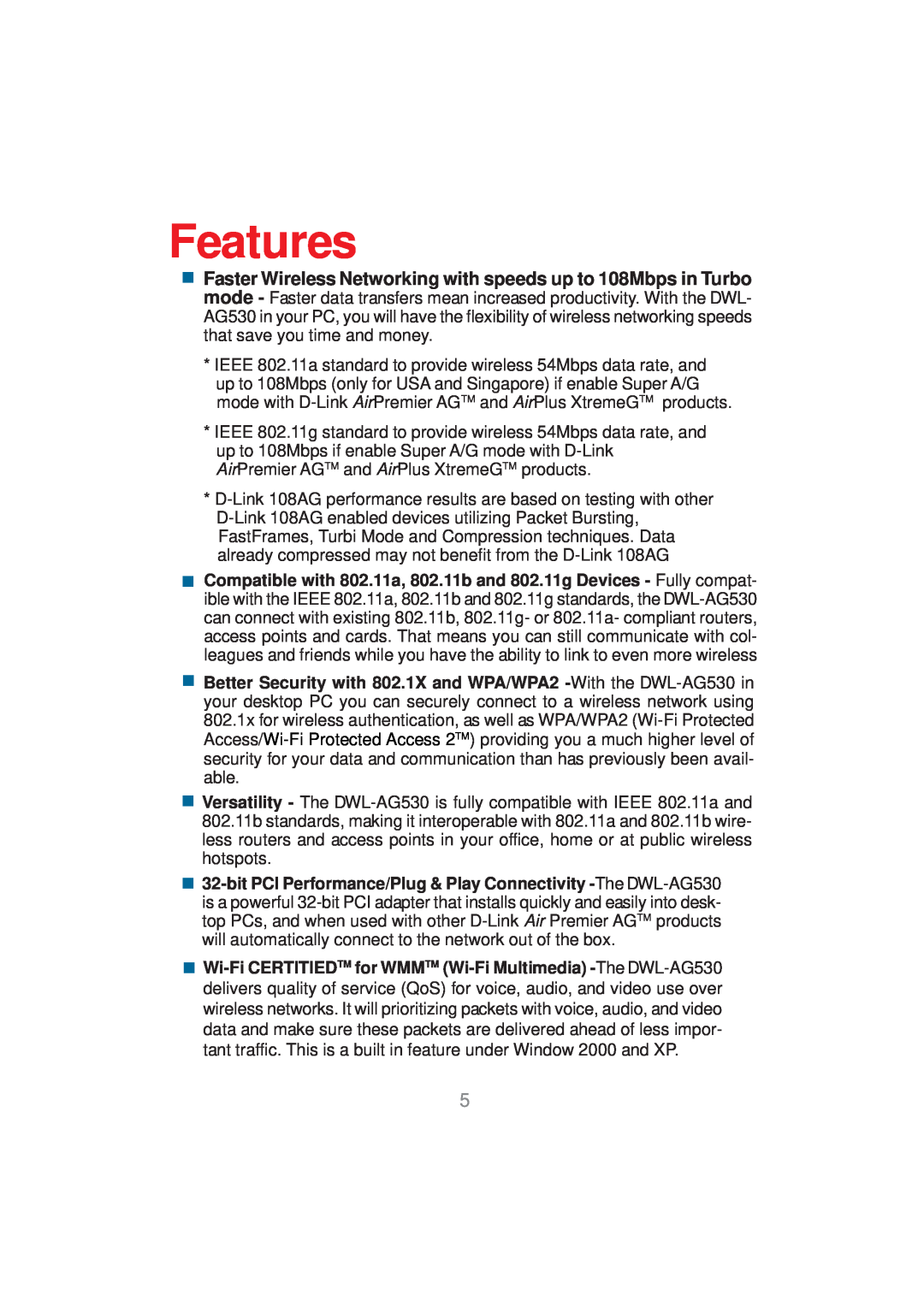 D-Link DWL-AG530 manual Features 