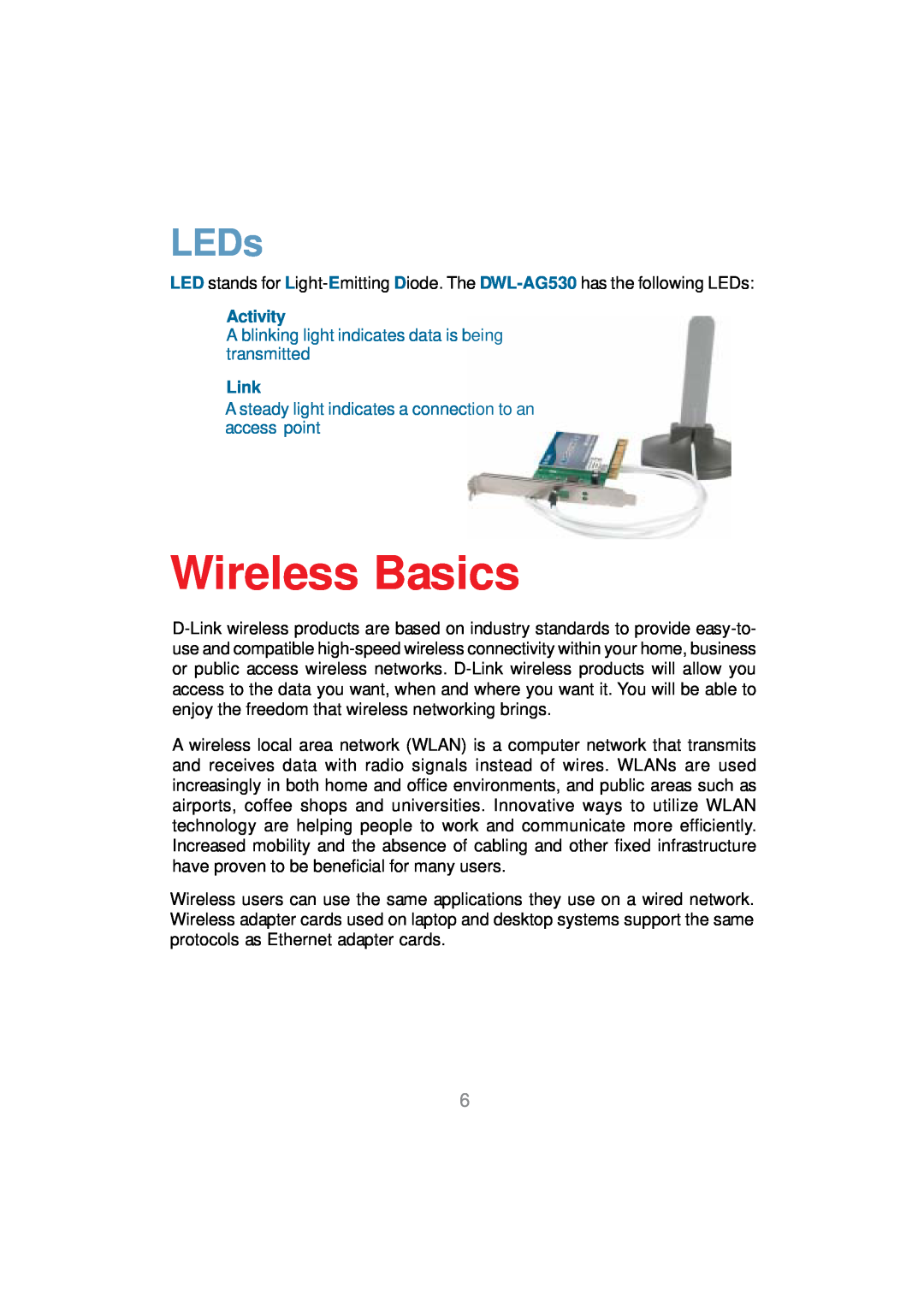 D-Link DWL-AG530 manual Wireless Basics, LEDs, Activity, Link 