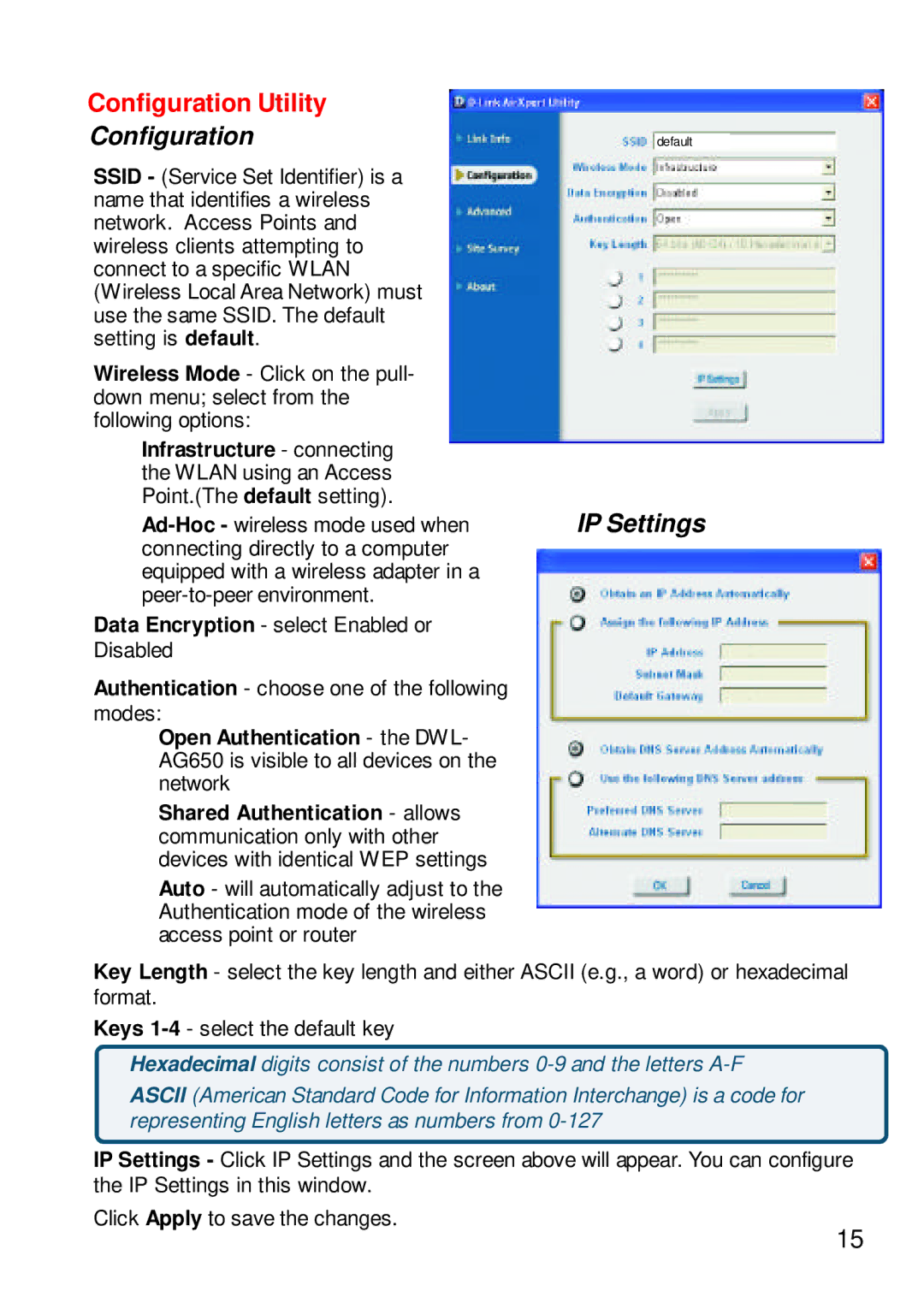 D-Link DWL-AG650 manual Configuration, IP Settings 