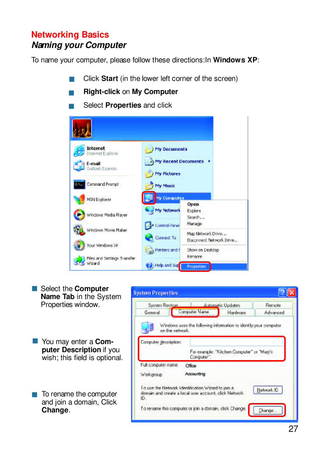 D-Link DWL-AG650 manual Naming your Computer, Right-click on My Computer 