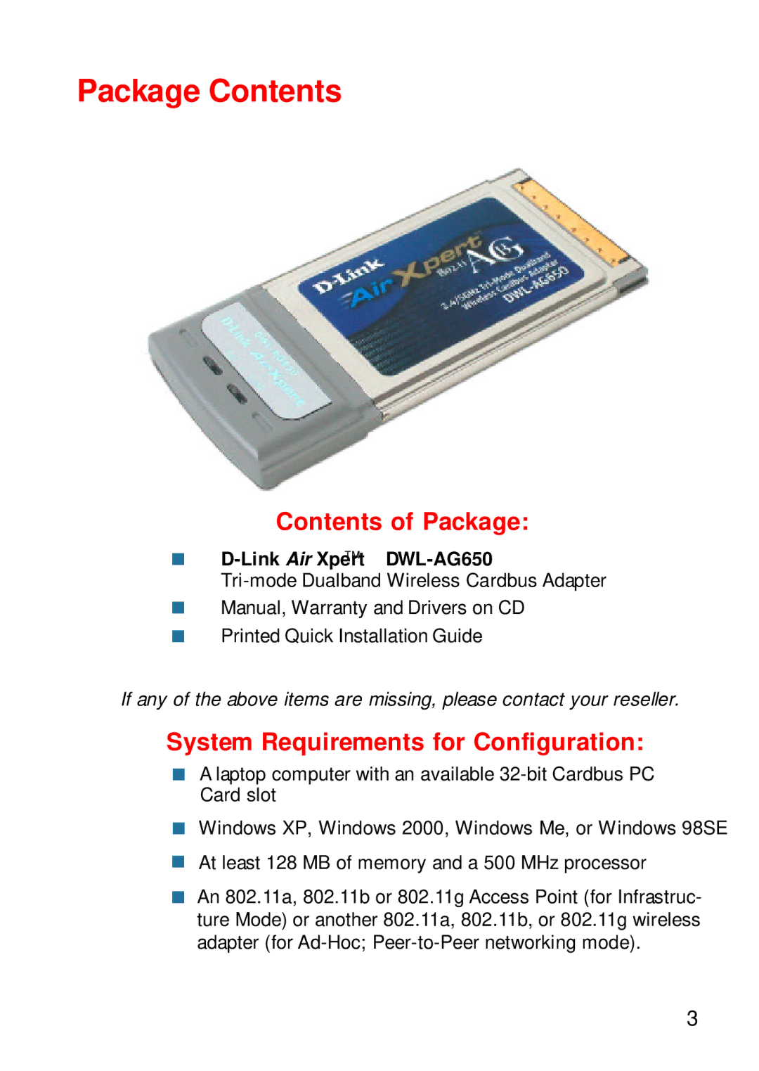 D-Link DWL-AG650 manual Package Contents 