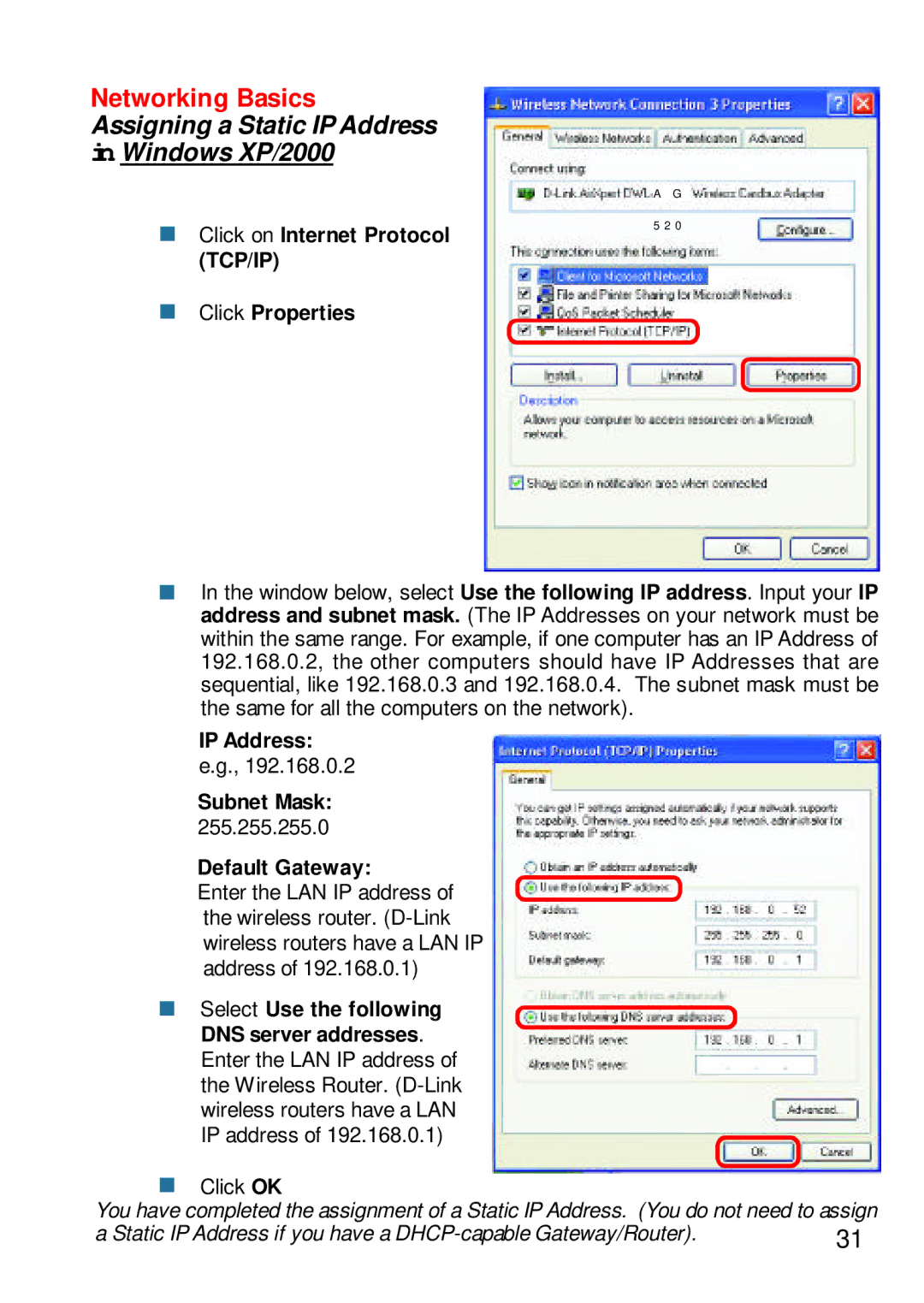 D-Link DWL-AG650 manual Assigning a Static IP Address Windows XP/2000, Click on Internet Protocol TCP/IP Click Properties 