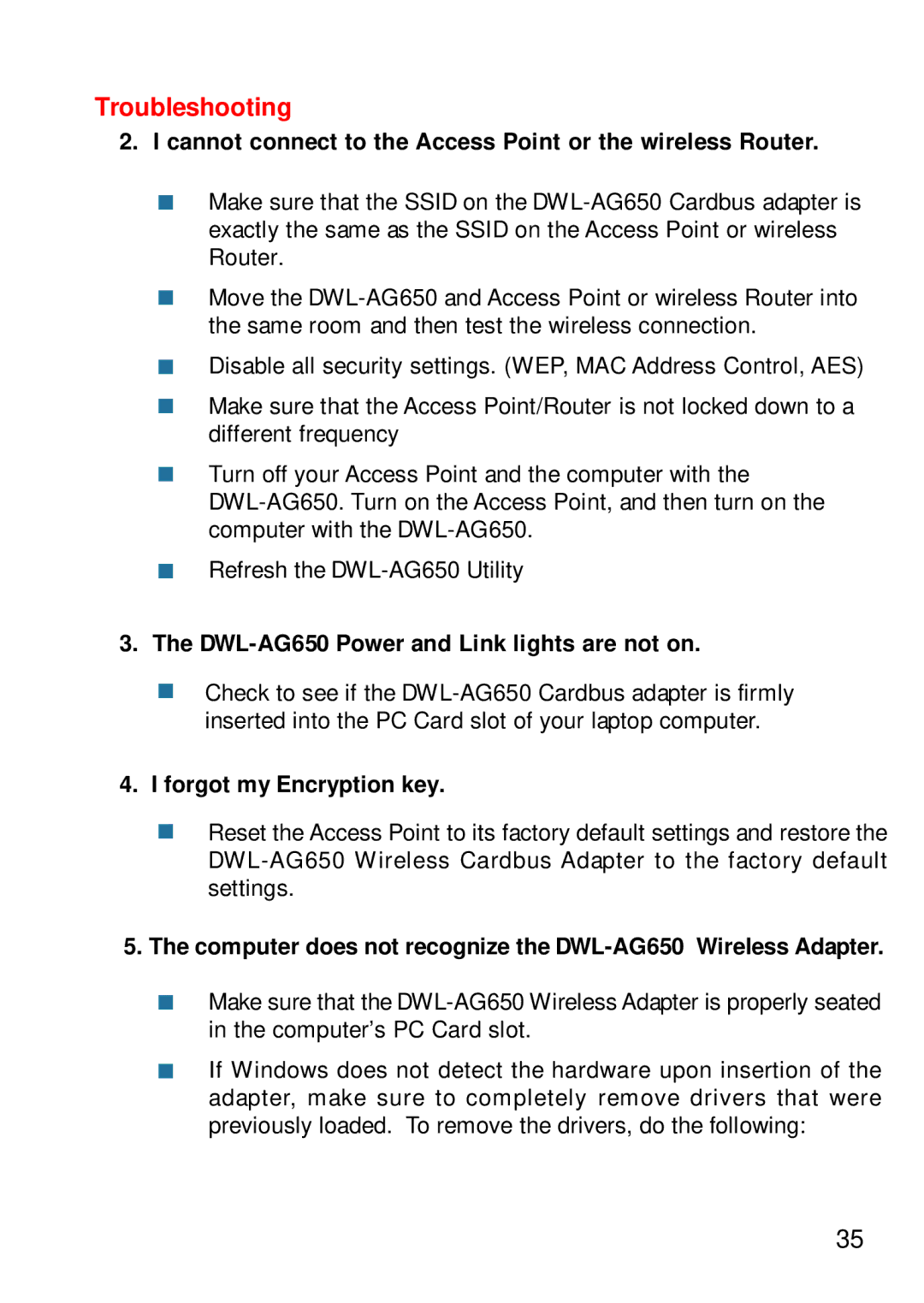 D-Link manual Cannot connect to the Access Point or the wireless Router, DWL-AG650 Power and Link lights are not on 