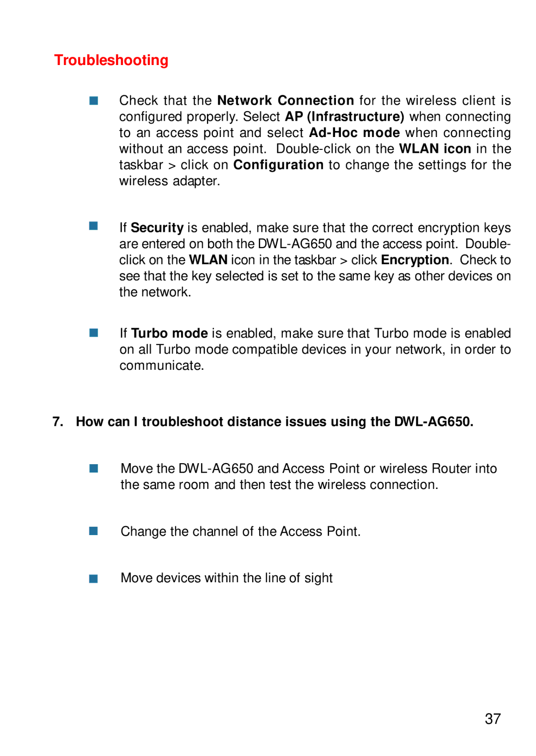 D-Link manual How can I troubleshoot distance issues using the DWL-AG650 