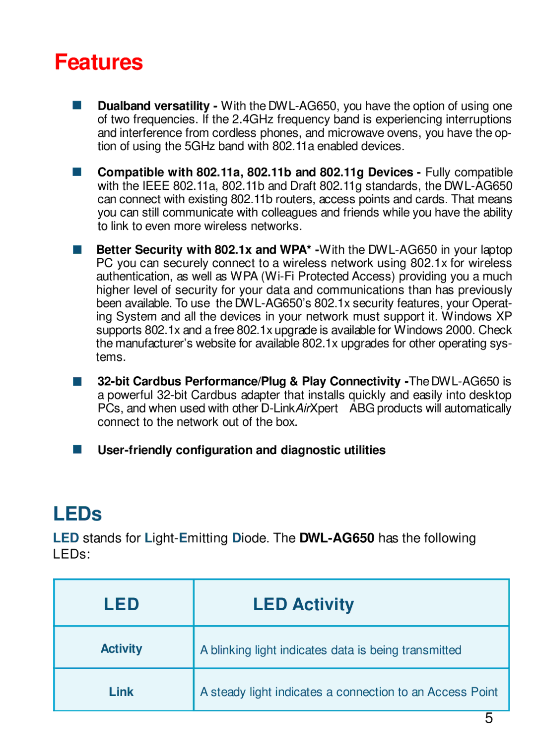 D-Link DWL-AG650 manual Features 