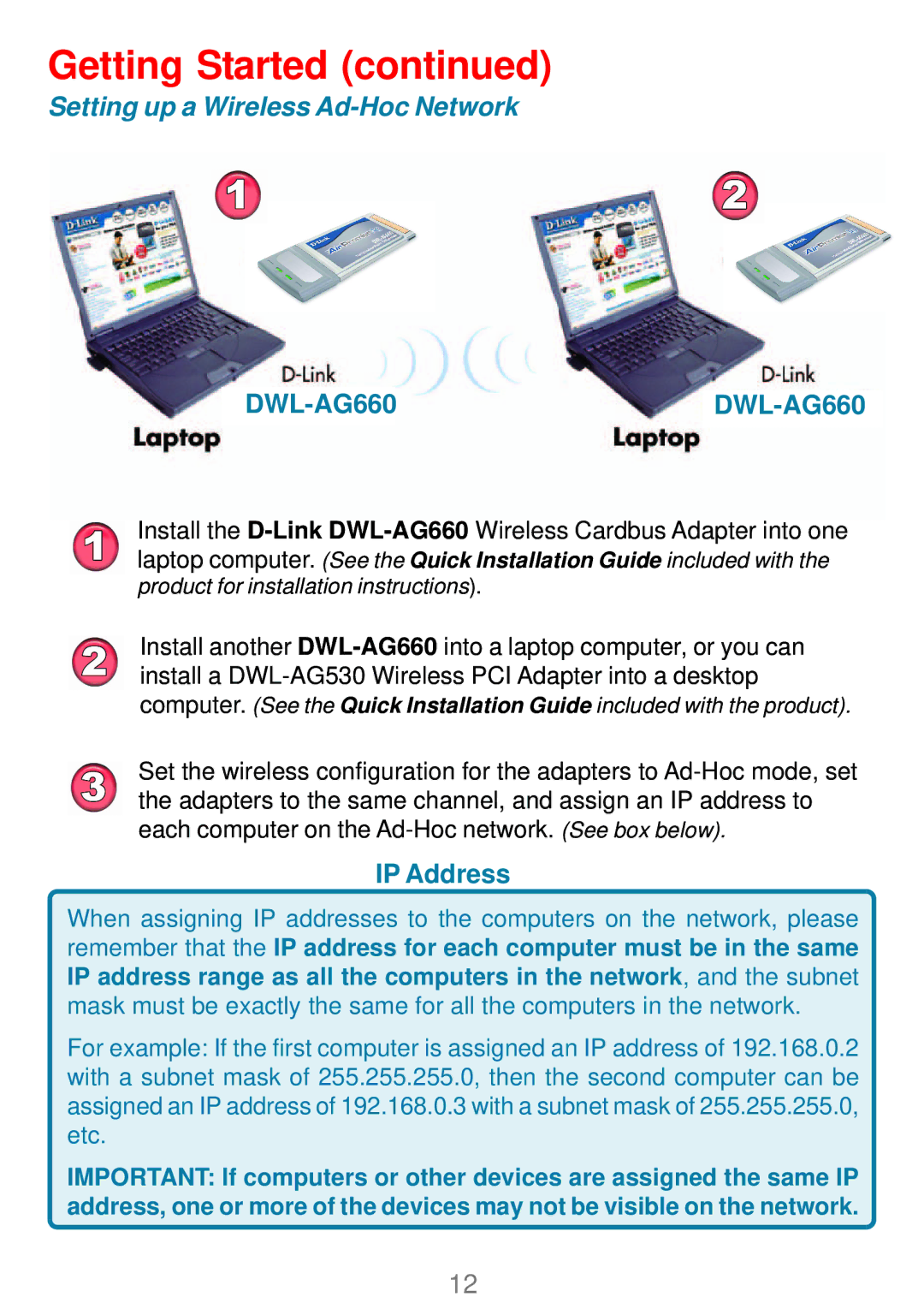 D-Link DWL-AG660 manual Setting up a Wireless Ad-Hoc Network 