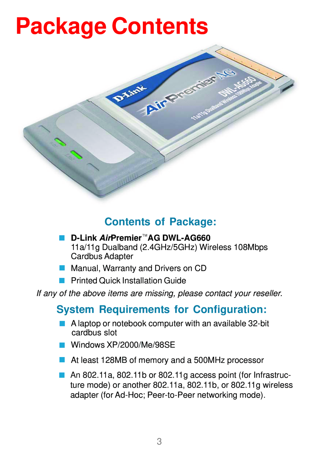 D-Link DWL-AG660 manual Package Contents 