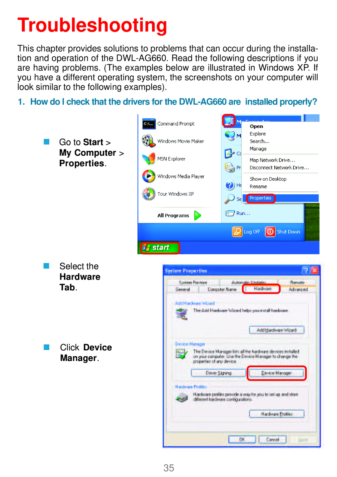 D-Link DWL-AG660 manual Troubleshooting, Hardware Tab Click Device Manager 