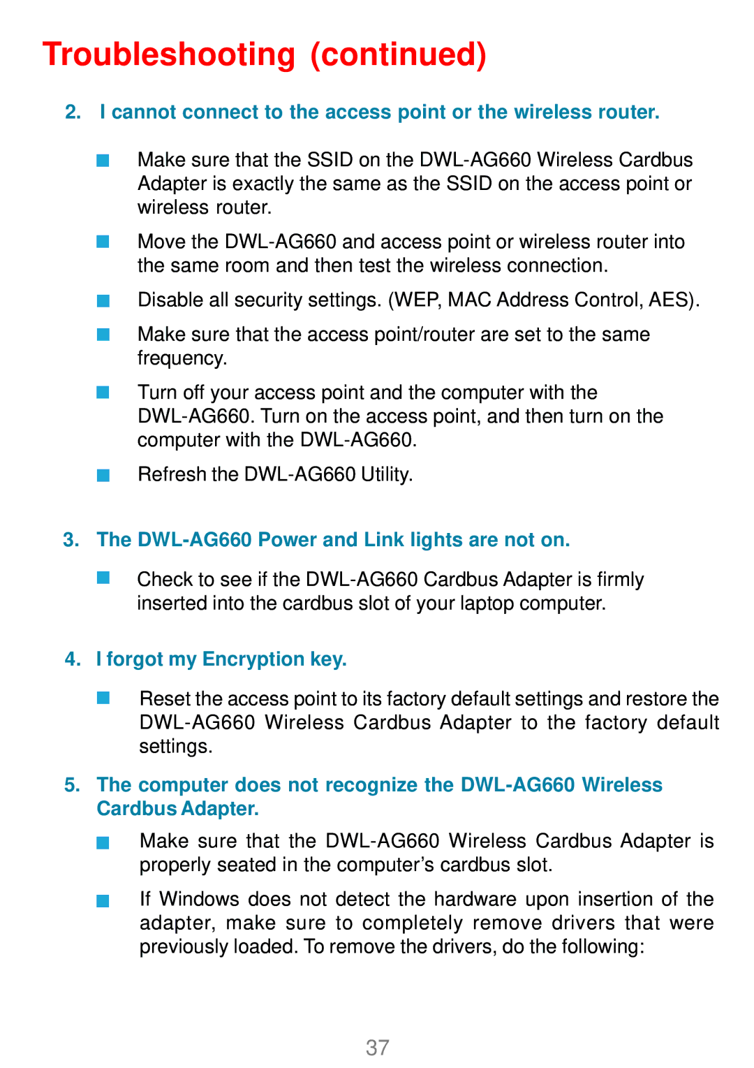 D-Link DWL-AG660 manual Cannot connect to the access point or the wireless router 