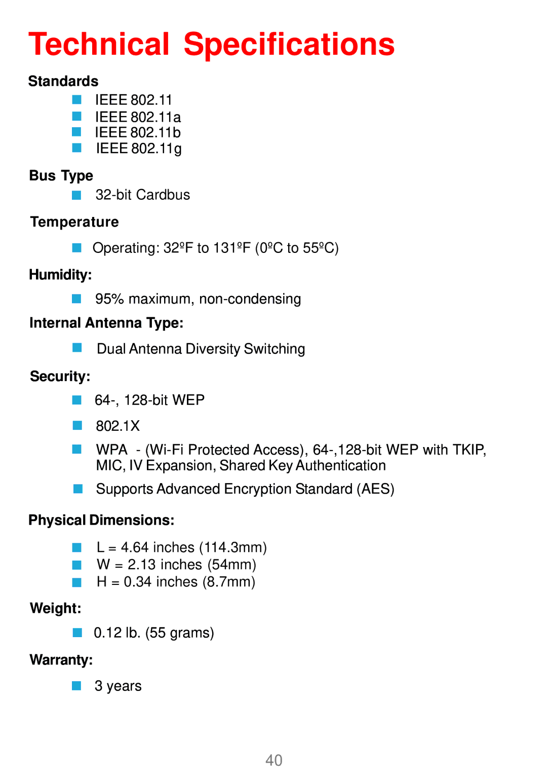 D-Link DWL-AG660 Standards, Bus Type, Temperature, Humidity, Internal Antenna Type, Security, Physical Dimensions, Weight 