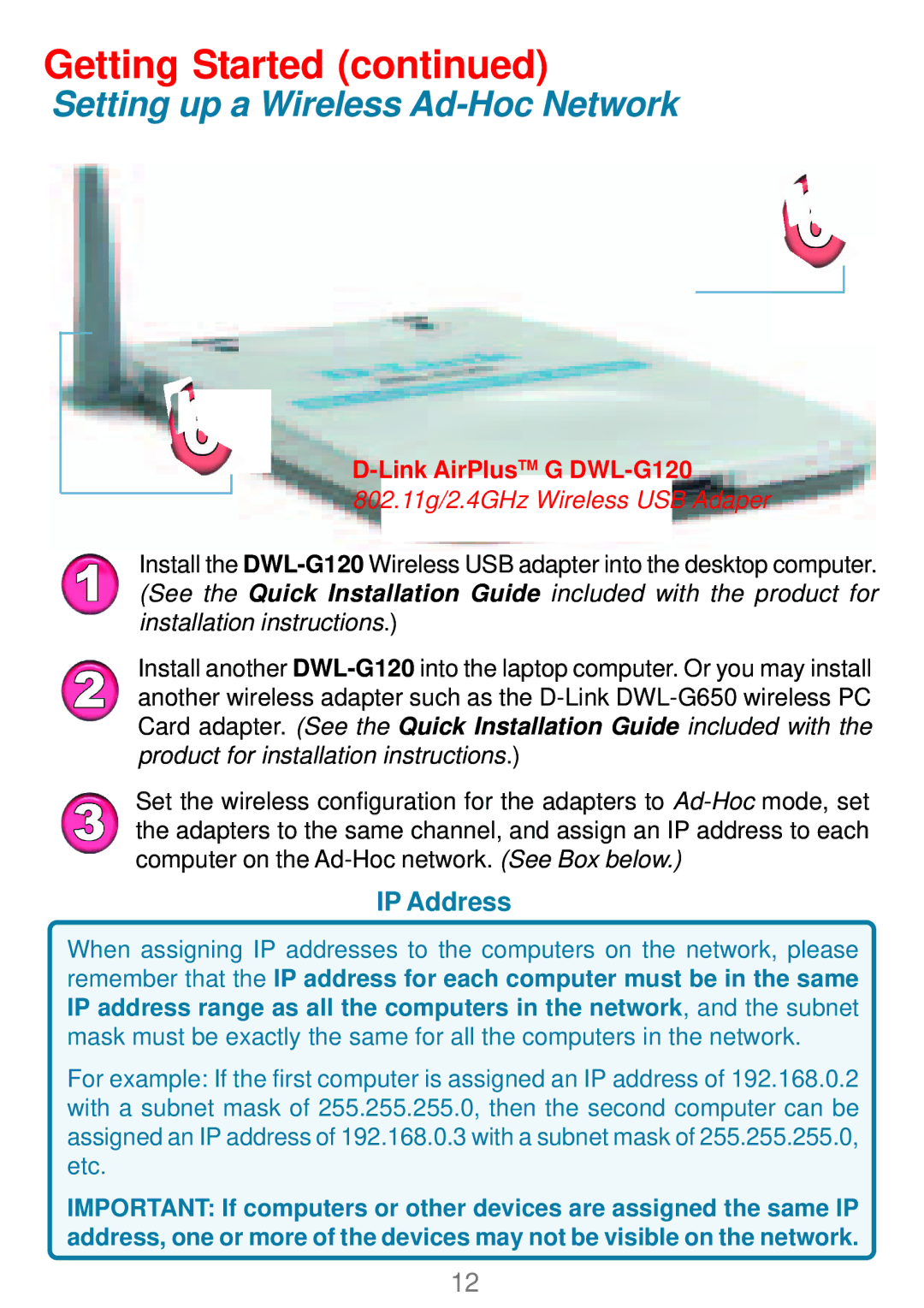 D-Link DWL-G120 manual Setting up a Wireless Ad-Hoc Network, IP Address 