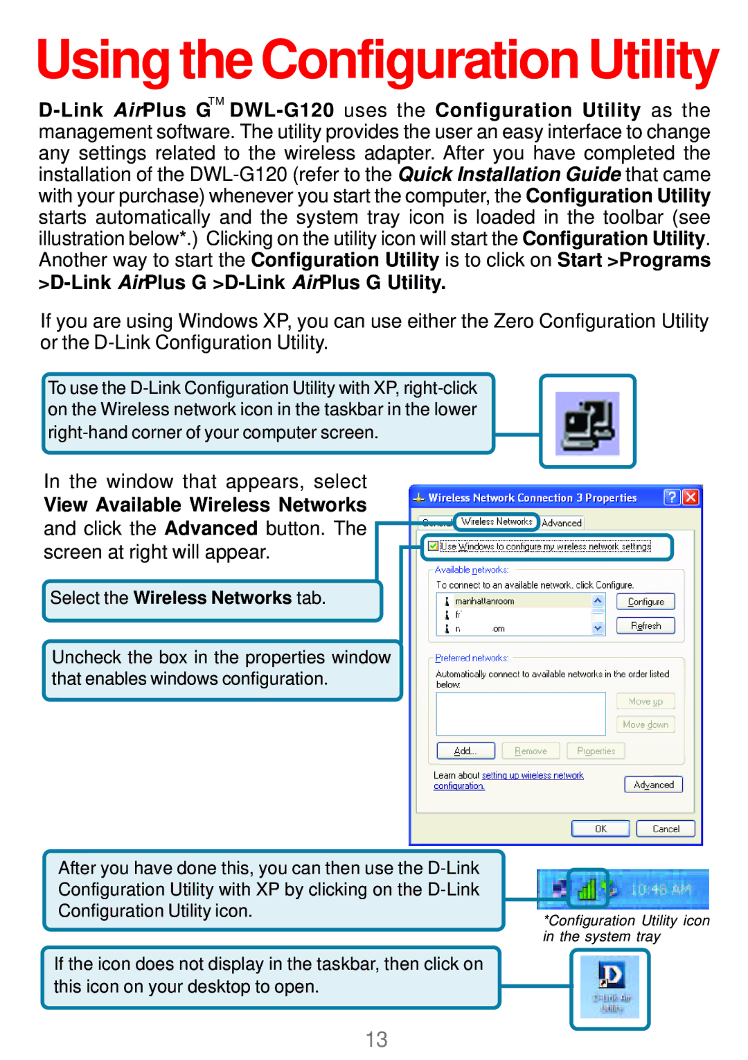 D-Link DWL-G120 manual Using the Configuration Utility 