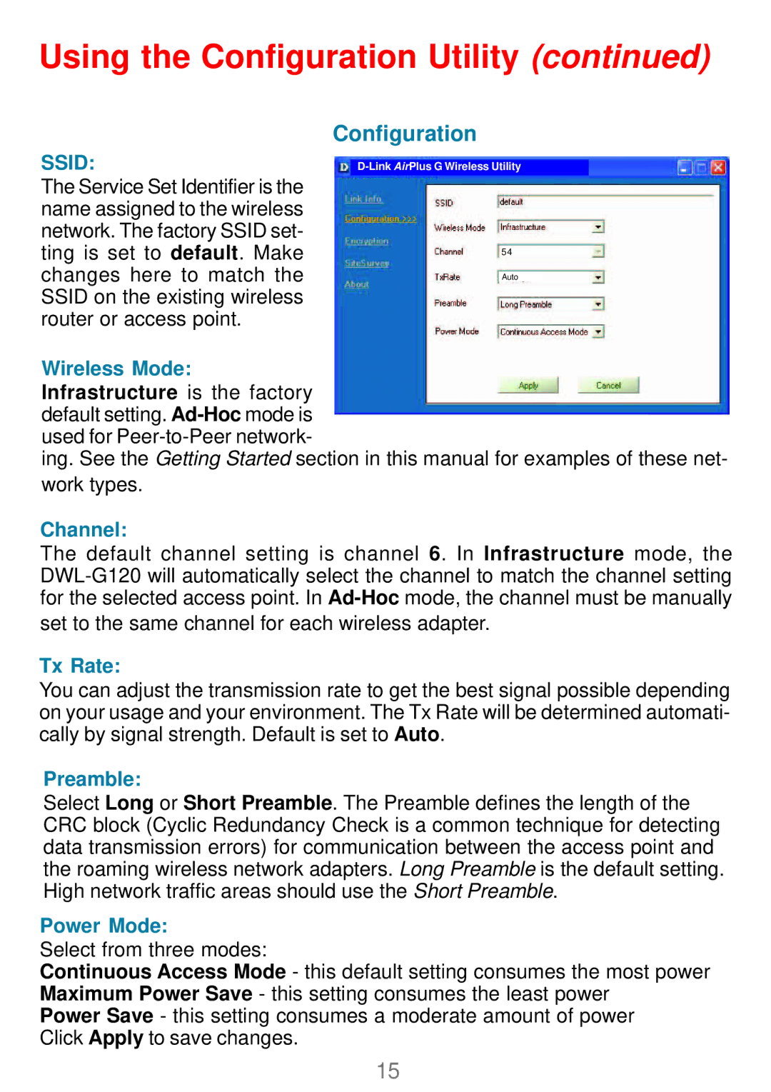 D-Link DWL-G120 manual Configuration, Preamble 