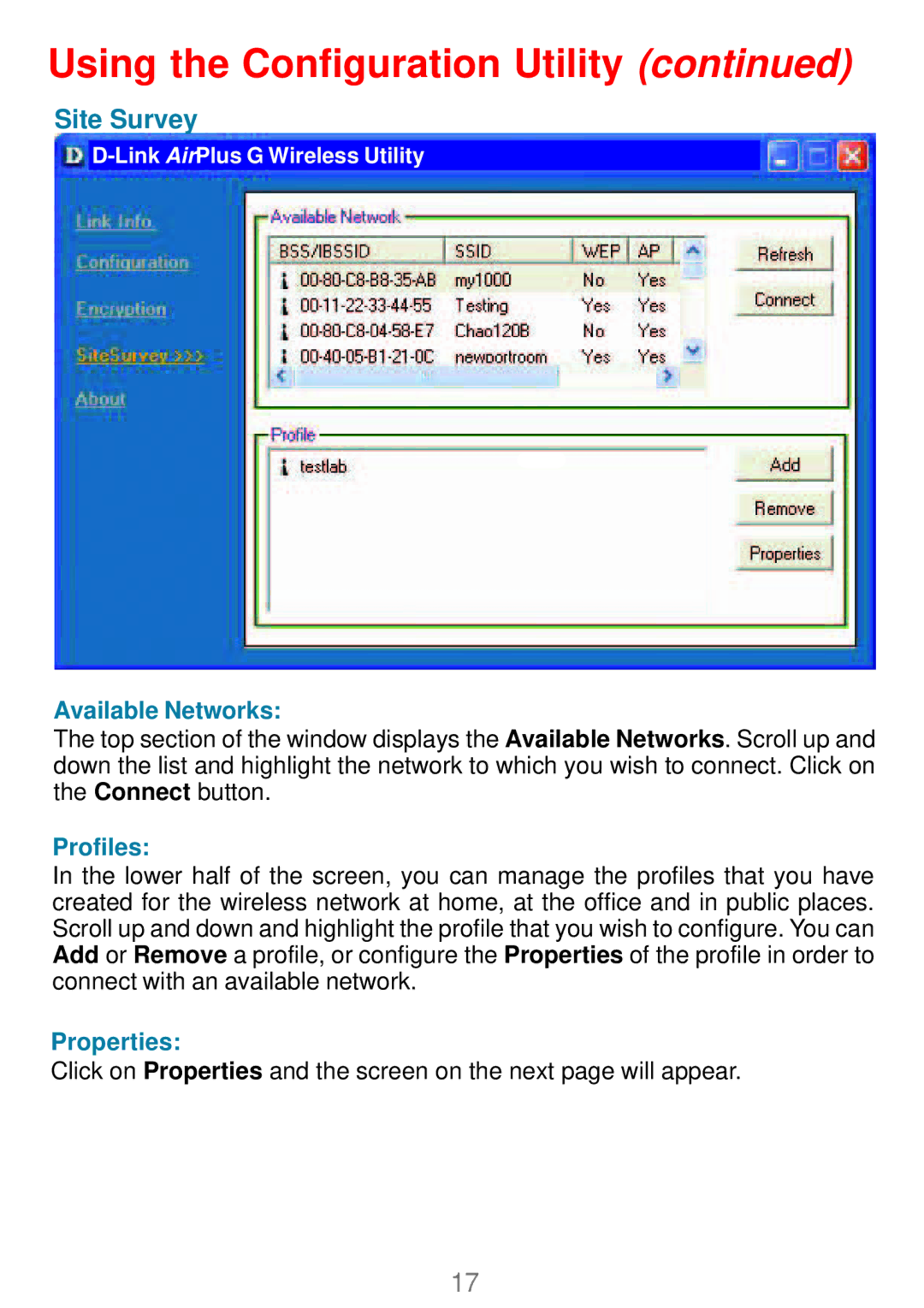 D-Link DWL-G120 manual Site Survey, Available Networks 