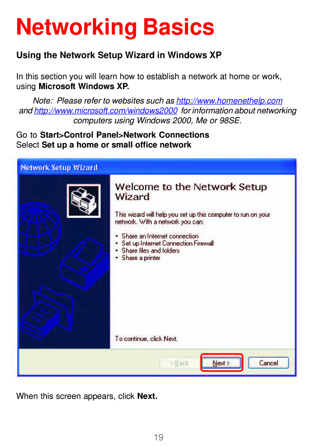 D-Link DWL-G120 manual Networking Basics, Using the Network Setup Wizard in Windows XP 