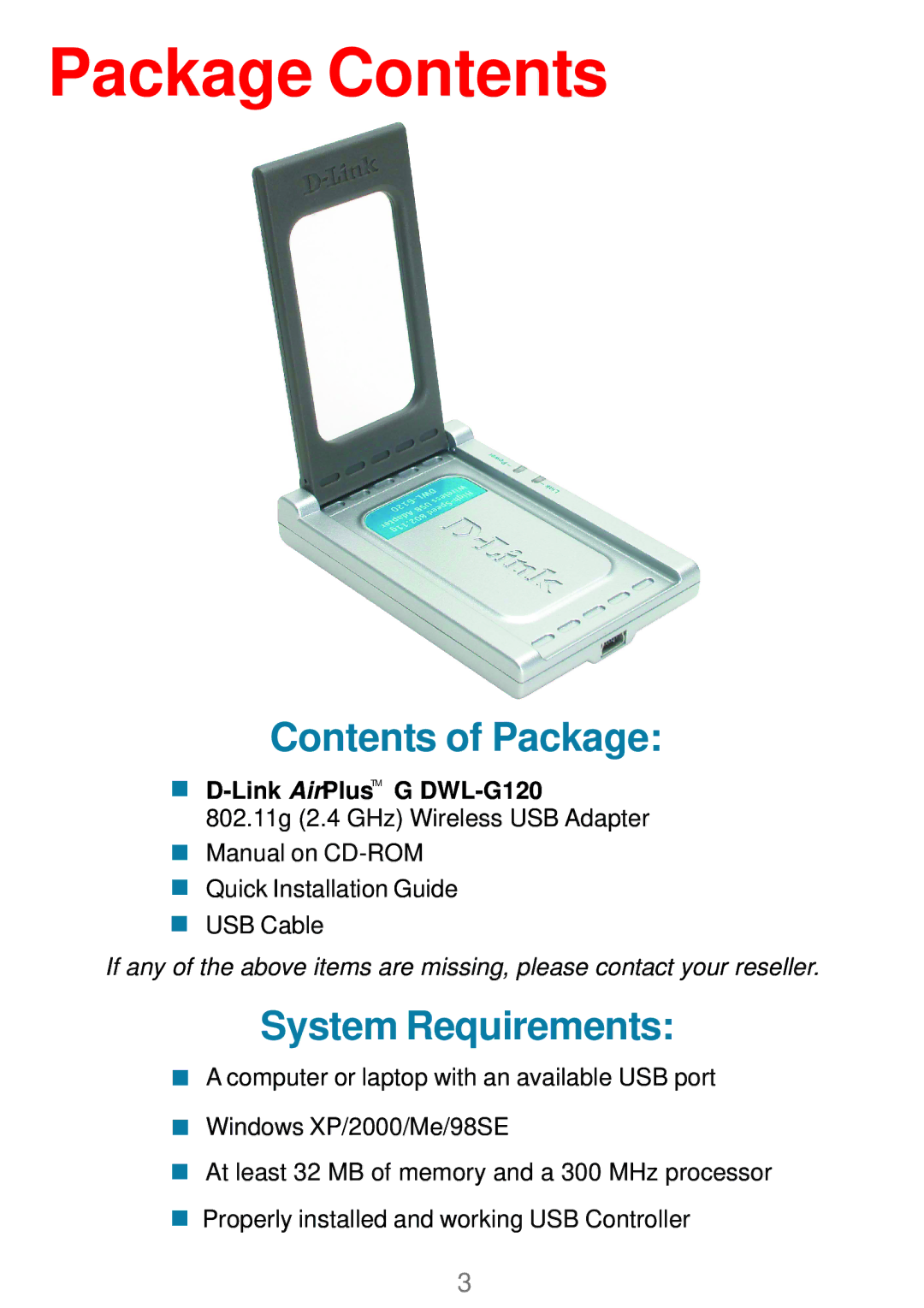 D-Link DWL-G120 manual Package Contents 