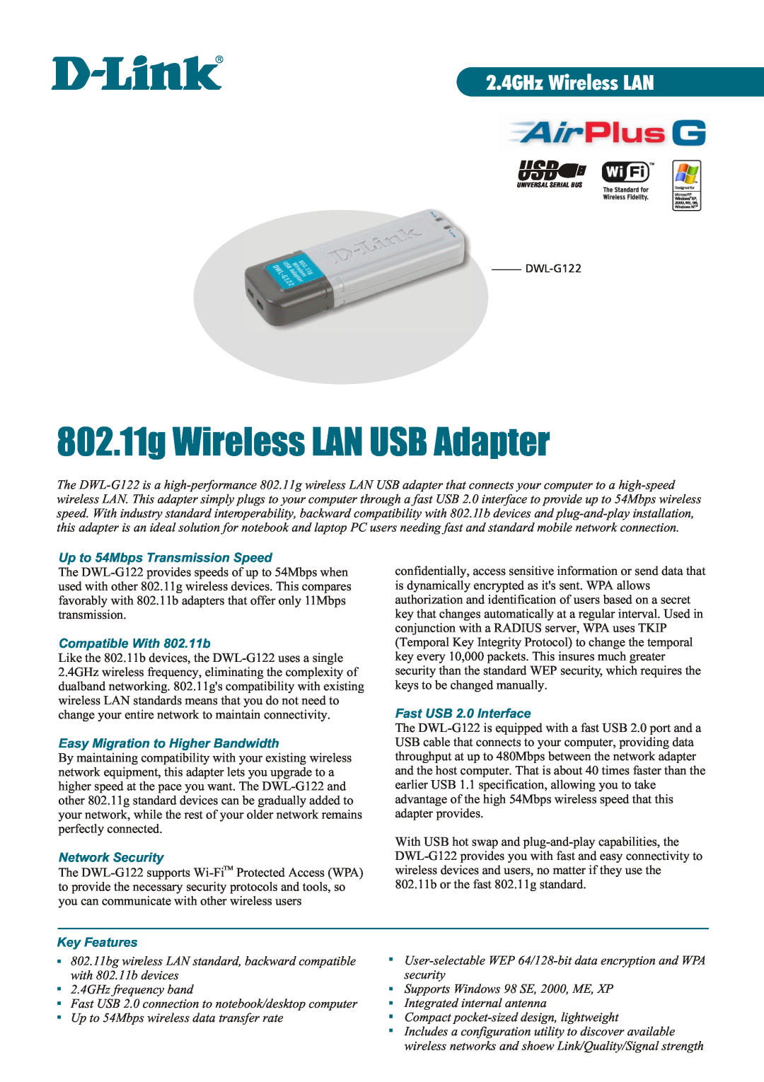 D-Link DWL-G122 manual 2.4GHz Wireless LAN, Up to 54Mbps Transmission Speed, Compatible With 802.11b, Network Security 