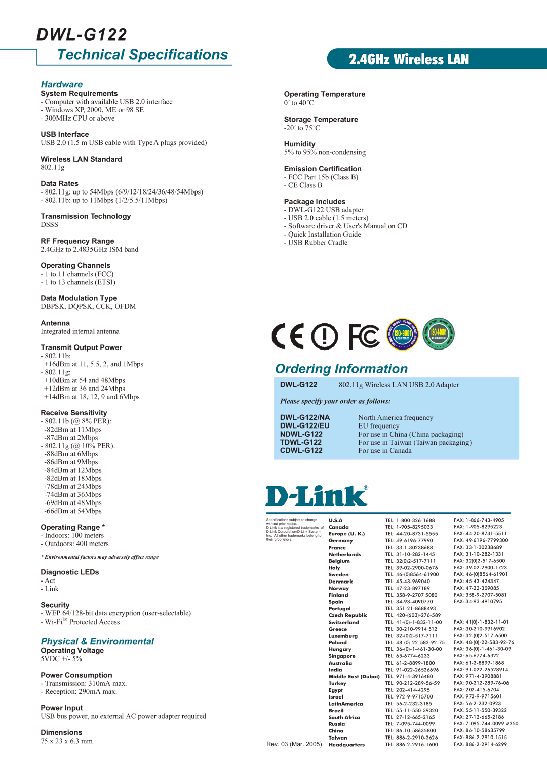 D-Link DWL-G122 manual Hardware, Physical & Environmental 