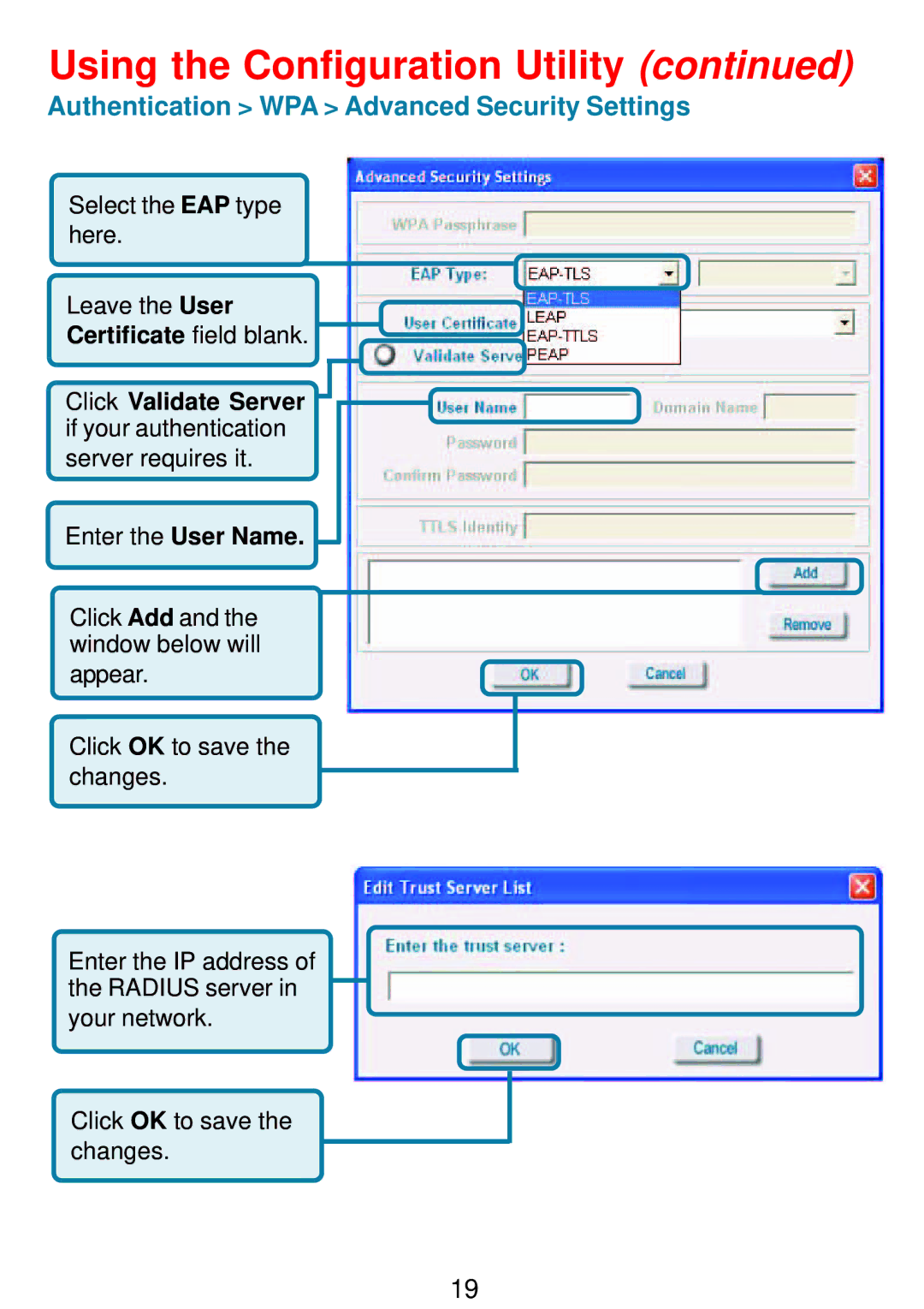 D-Link DWL-G122 manual Authentication WPA Advanced Security Settings 