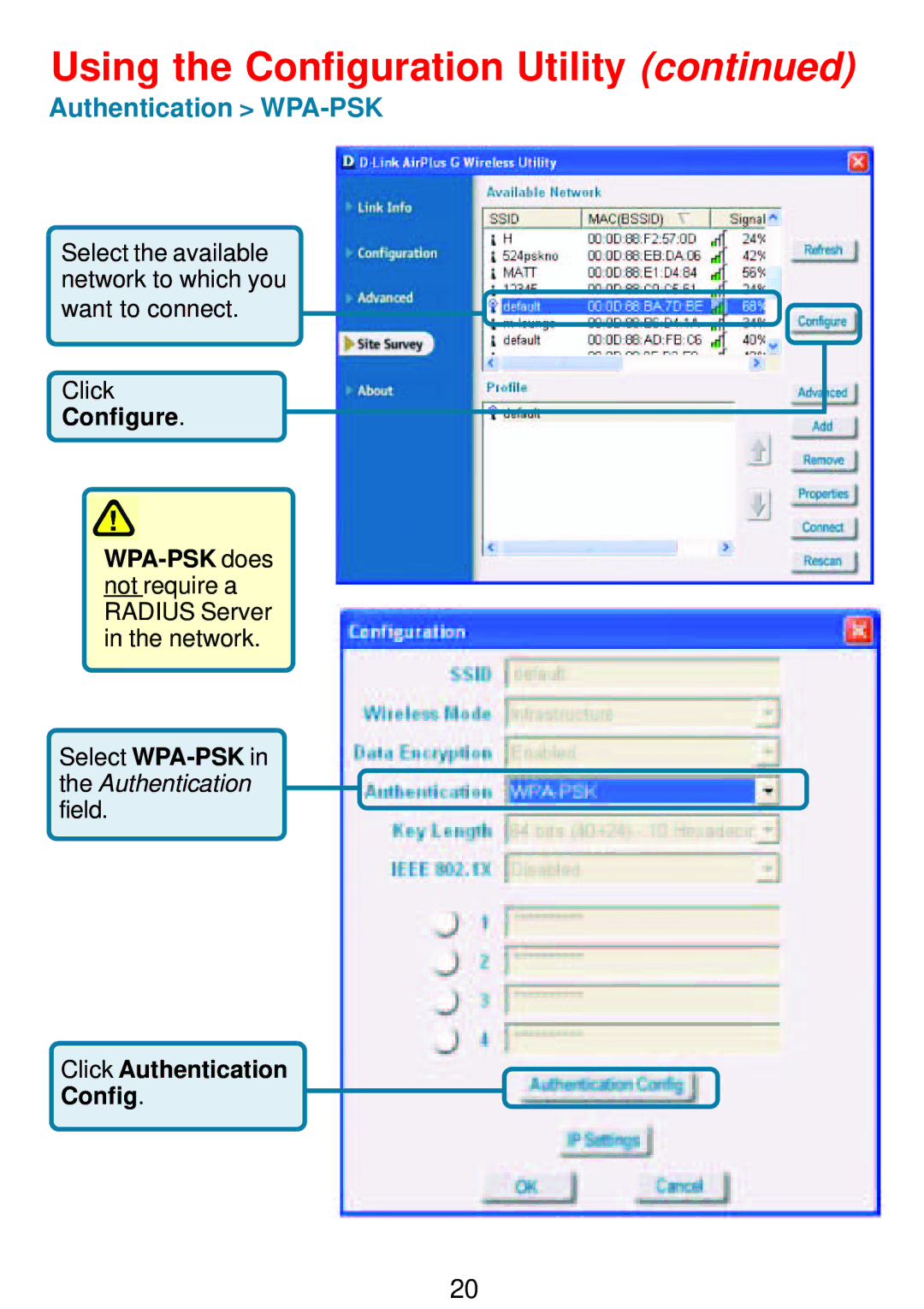 D-Link DWL-G122 manual Authentication WPA-PSK 