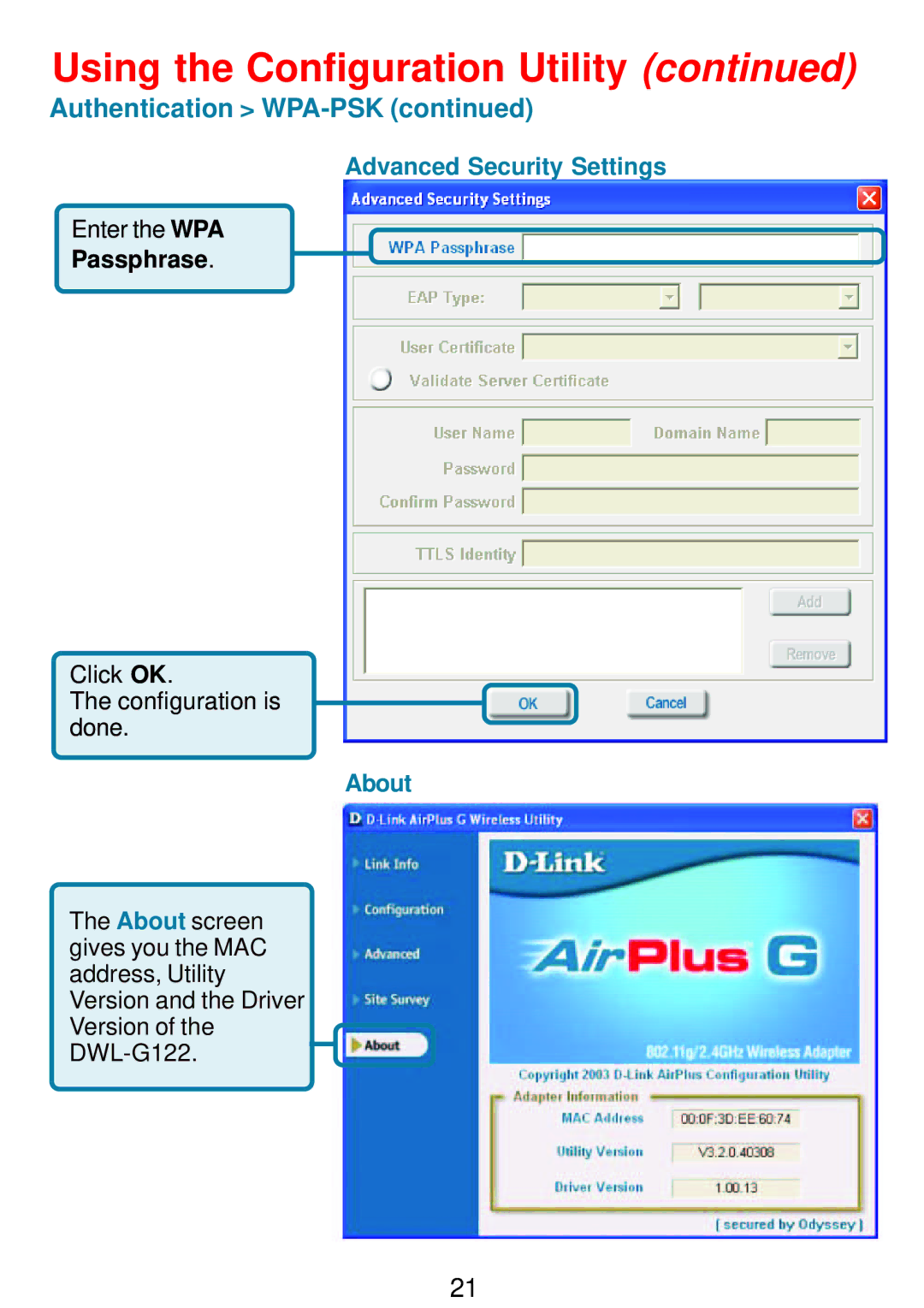 D-Link DWL-G122 manual Advanced Security Settings, Passphrase, About 