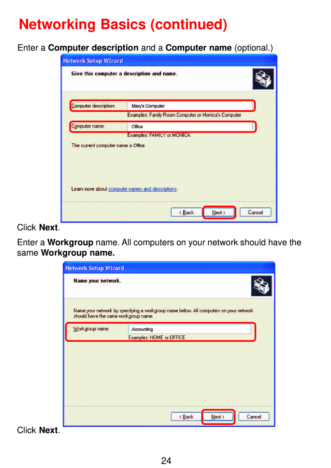 D-Link DWL-G122 manual Enter a Computer description and a Computer name optional 