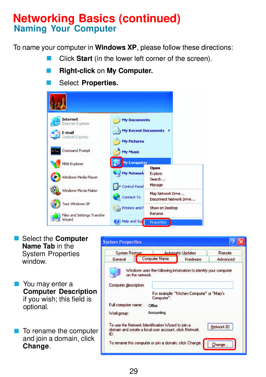 D-Link DWL-G122 manual Naming Your Computer, Right-click on My Computer Select Properties 