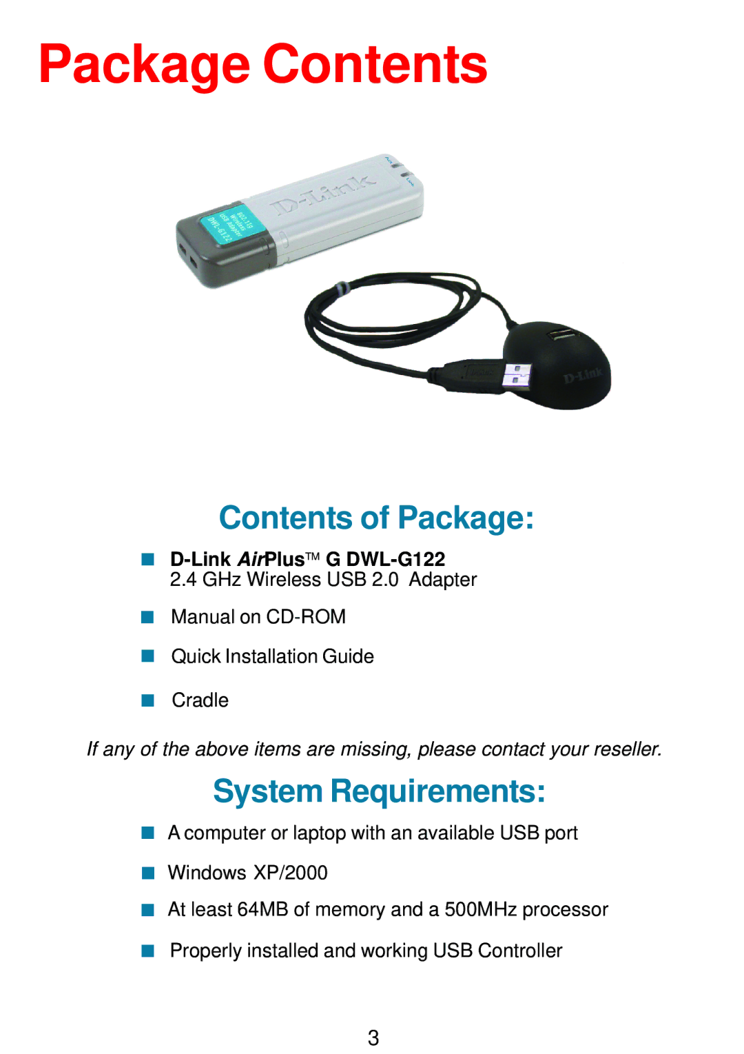 D-Link DWL-G122 manual Package Contents 