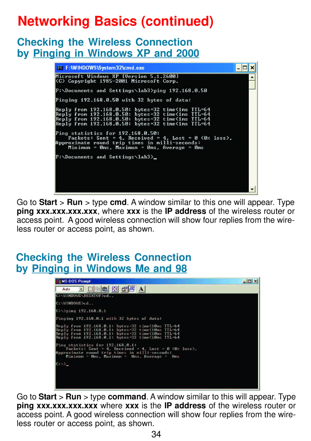 D-Link DWL-G122 manual Checking the Wireless Connection by Pinging in Windows XP 