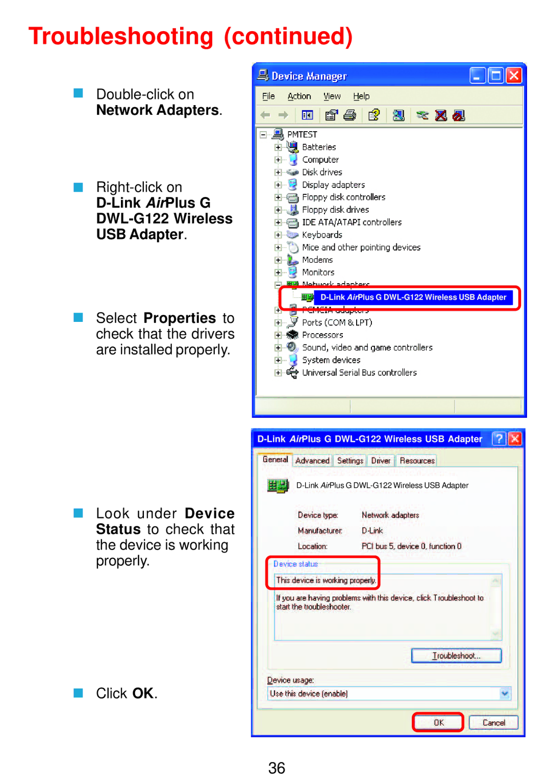 D-Link manual Troubleshooting, Link AirPlus G DWL-G122 Wireless USB Adapter 