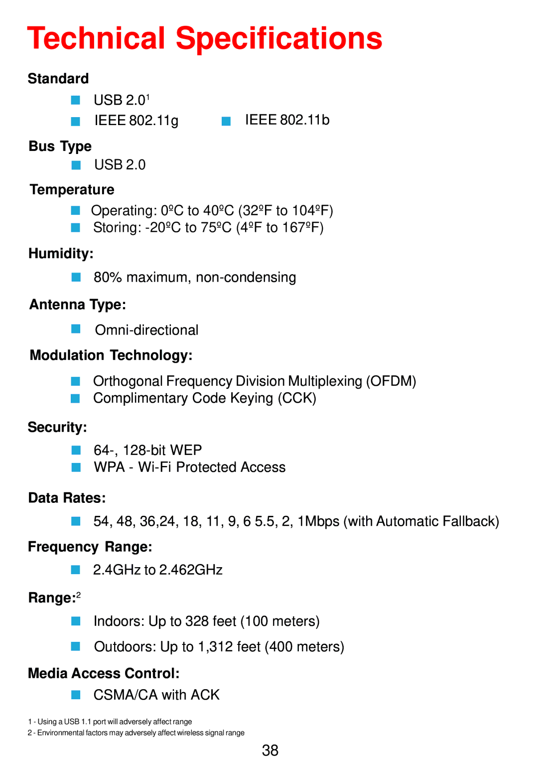 D-Link DWL-G122 manual Standard, Bus Type, Temperature, Humidity, Antenna Type, Modulation Technology, Security, Data Rates 