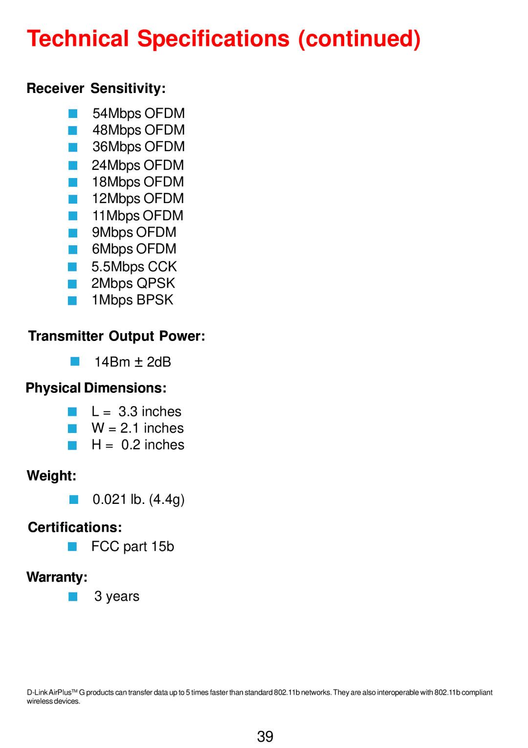 D-Link DWL-G122 manual Technical Specifications 