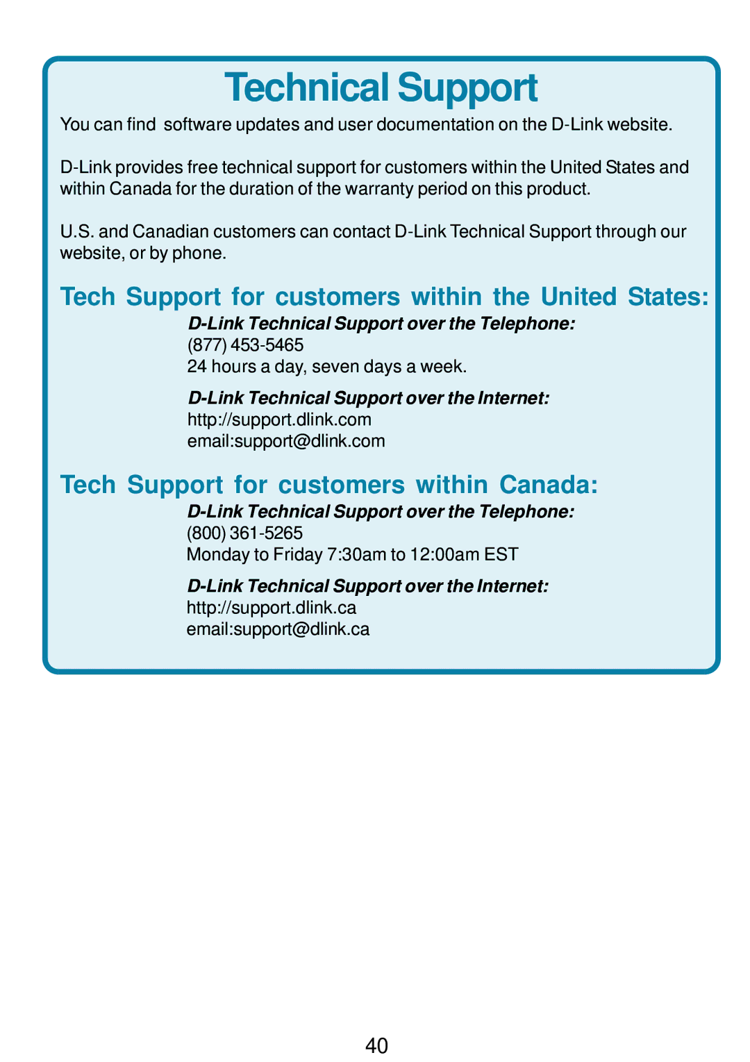 D-Link DWL-G122 manual Tech Support for customers within the United States, Tech Support for customers within Canada 