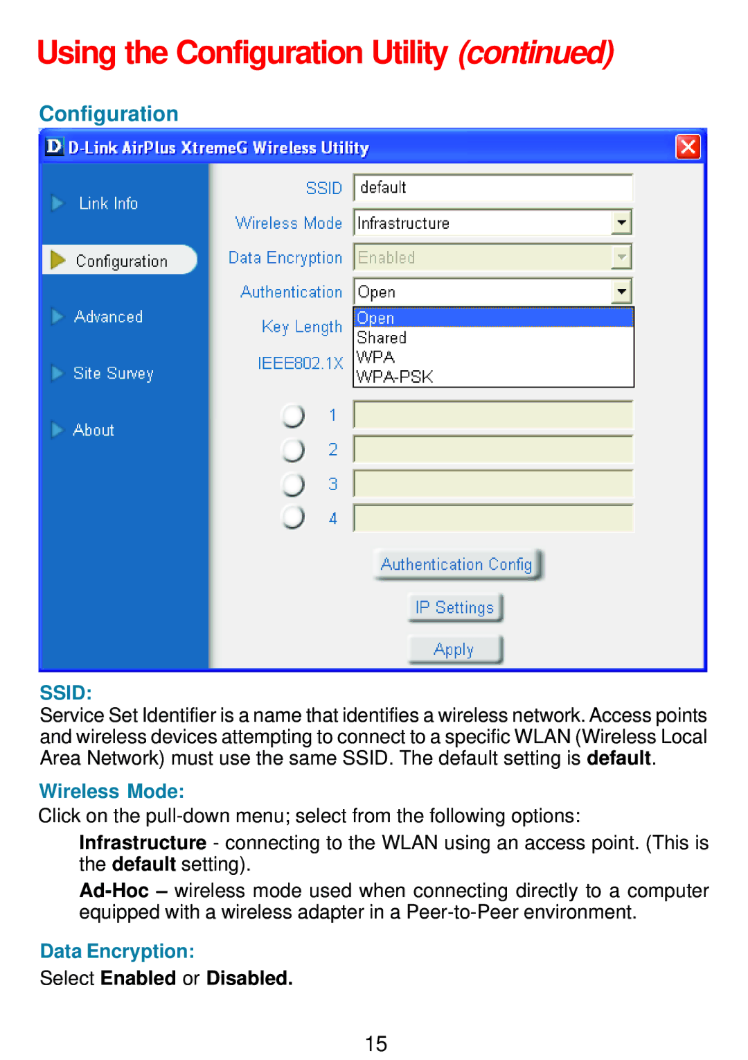 D-Link DWL-G132 manual Configuration, Data Encryption, Select Enabled or Disabled 